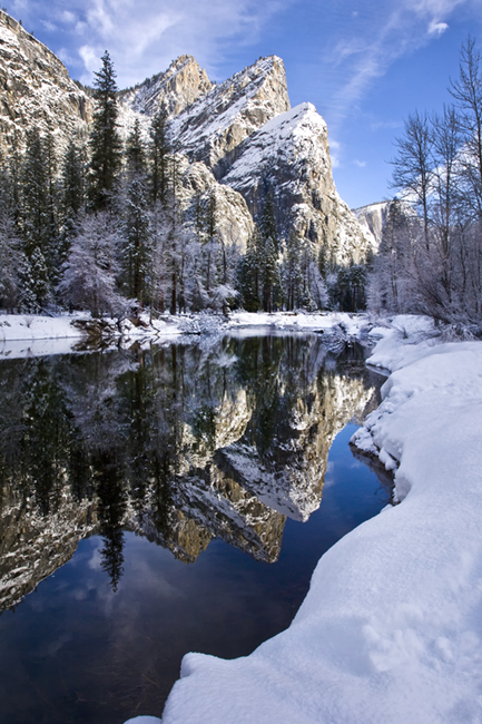 reflections, three, sisters, 3, yosemite, ca, california, sierra, mountains, water, merced river, merced, trees, winter, snow...