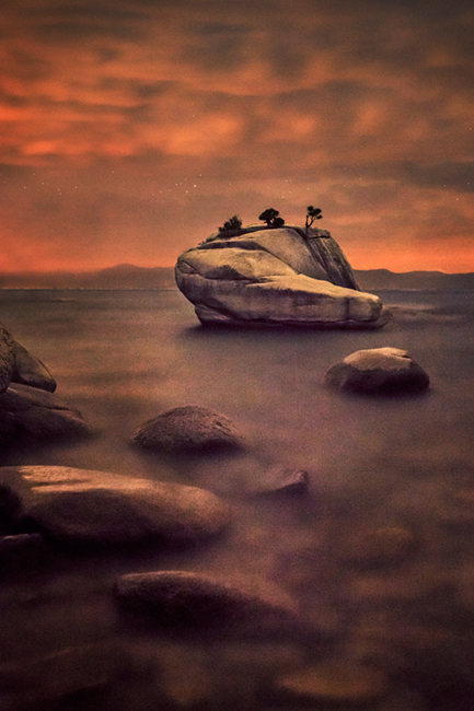 eastern sierra, sierra, clouds, sunrise,  spring, ca, california, lake tahoe, north shore, boulders, rocks, bonsai rock, water...