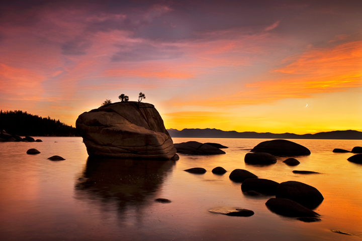 eastern sierra, sierra, clouds, sunset,  spring, ca, california, lake tahoe, north shore, boulders, rocks, bonsai rock, water...