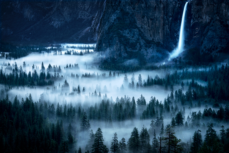 landscape, tunnel view, atmospherics, bridalveil falls, waterfalls, water, yosemite, mountains, sierra, fog, trees, ca, california...