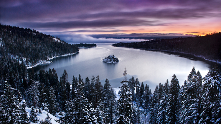 emerald bay, lake tahoe, water, pines, ca, california, forest, sierra, eastern, trees, sunrise, dawn, mountains