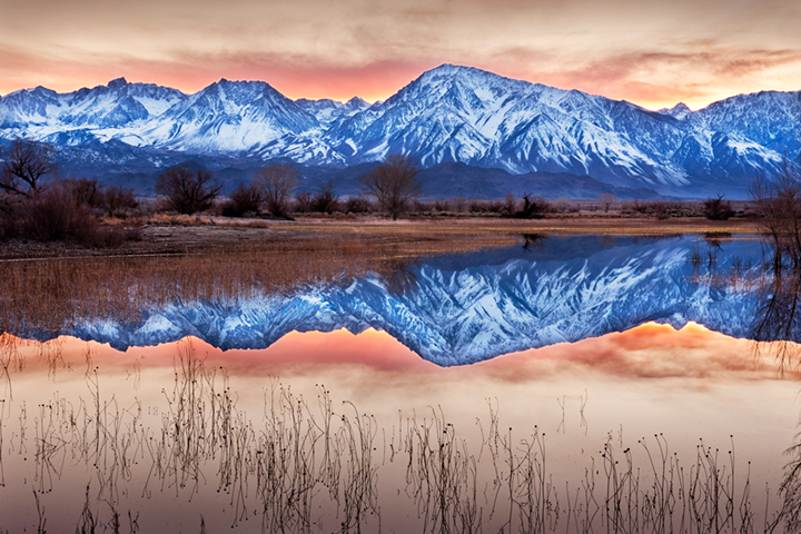 farmers pond, sierra, eastern, bishop, water, sunset, reflection, mt tom, grasses, mountains