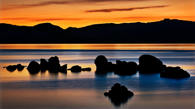 eastern sierra, sierra, clouds, sunset,  spring, ca, california, lake tahoe, north shore, boulders, rocks, bonsai rock, water...