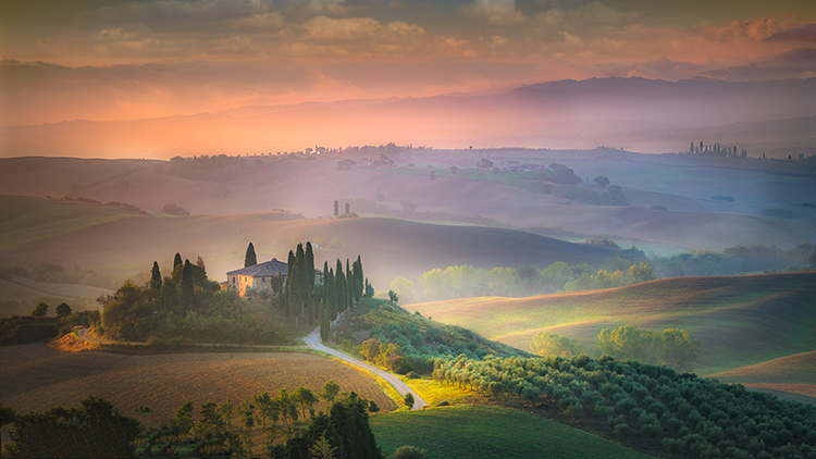 europe, italy, tuscany, pienza, siena, villa, wine, grapes, fields, sunset, clouds, valley, val d'orchia, sunrise, trees, cypress...