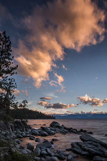 lake tahoe, bonsai rock, boulders, north shore, sunset, sunrise, mountains, sierra, water, moon, clouds, ca, california