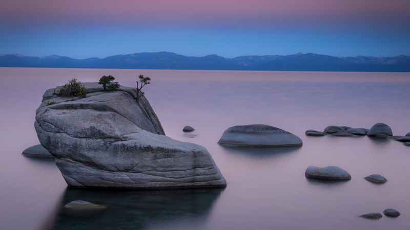 sierra, mountains, bonsai rock, lake tahoe, tahoe, landscape, water, sunrise,