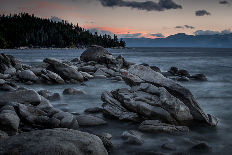 lake tahoe, bonsai rock, boulders, north shore, sunset, sunrise, mountains, sierra, water, moon, clouds, ca, california