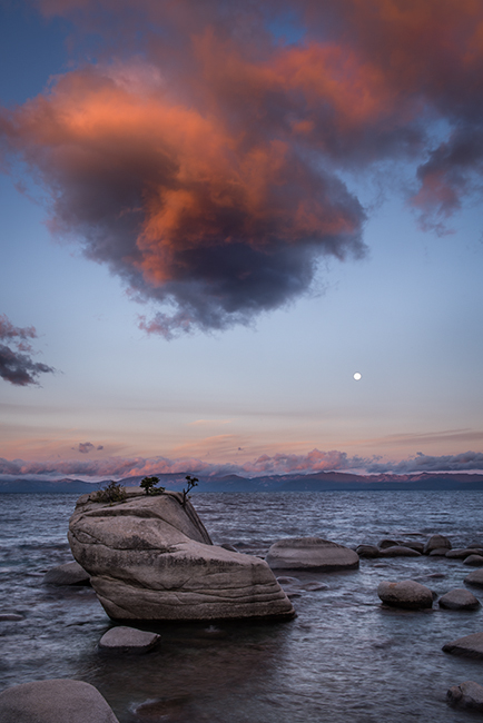 lake tahoe, bonsai rock, boulders, north shore, sunset, sunrise, mountains, sierra, water, moon, clouds, ca, california