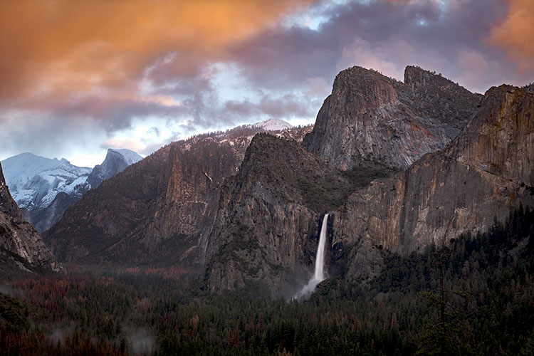 Yosemite, California, Ca, Sierra, valley, Yosemite national park,  el capitan, trees, sunset, Bridalveil falls, water, clouds...