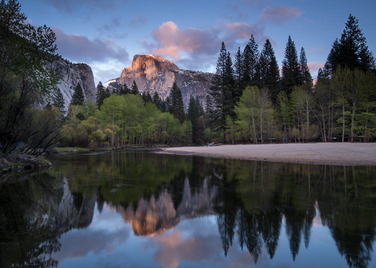 yosemite, national park, park, trees, sierra, california, ca, spring, merced, river, water, sunset, half dome, reflections