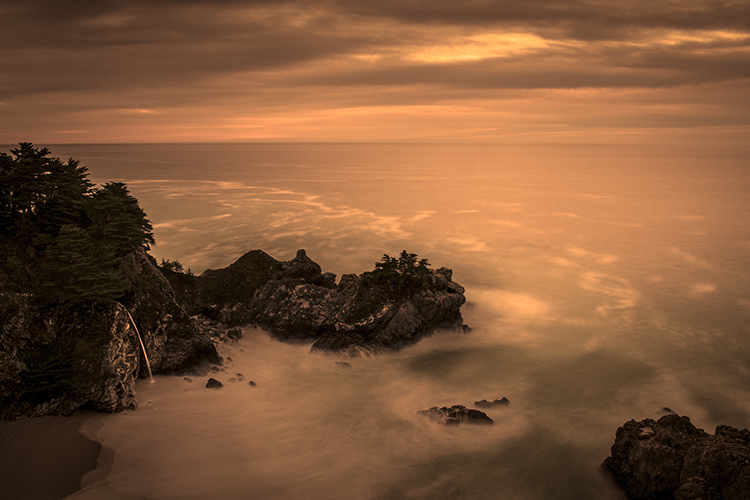 sunset, pacific, ocean, surf, waterfalls, water, coast, clouds, sea, seascape, big sur, julia pfeiffer burns, ca