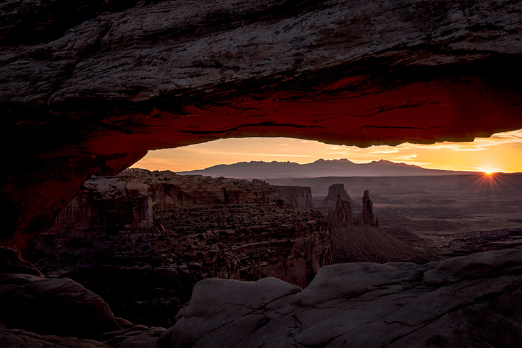 southwest, utah, ut, moab, canyonlands, national park, sunrise, mesa arch, red rock, sandstone, mountains, west, islands in the...