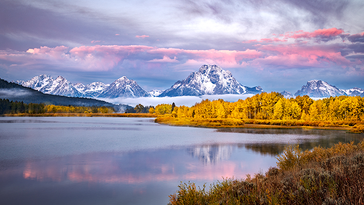 grand teton national park, tetons, snake river, snake, river, mountains, trees, water, color, aspens, sunrise, clouds, flora...