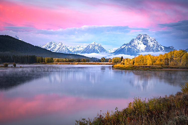 grand teton national park, tetons, snake river, snake, river, mountains, trees, water, color, aspens, sunrise, clouds, flora...