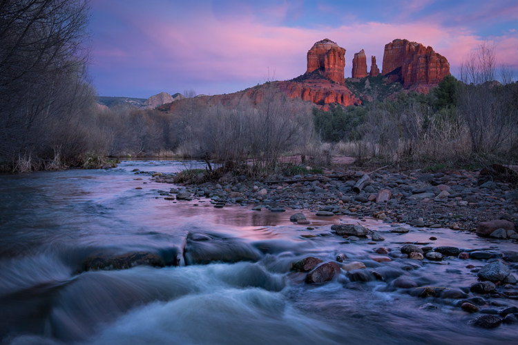 sedona, az, southwest, water, red rock crossing, oak creek, sunset, cathedral rock, red rock