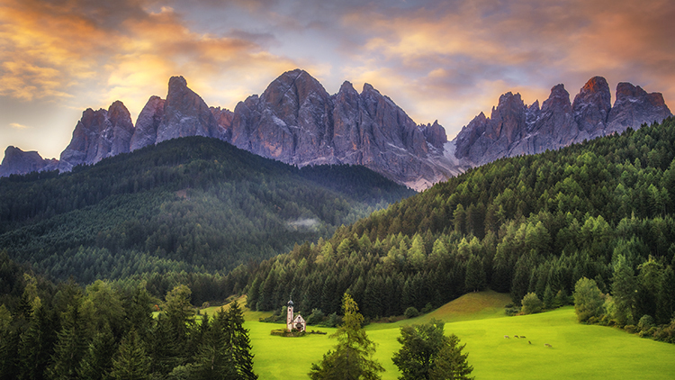 italy, europe, dolomites, dolomite, mountains, chapel, san giovanni, santa magdalena, val de funes, val de funis, sunrise, valleys...