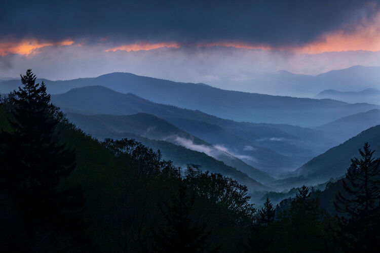 Blue Ridge Parkway, north carolina, Appalachia, smoky, mountains, trees, colors, south, sunset, fog