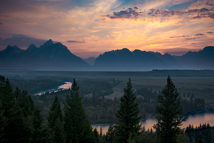 wyoming, grand teton national park, tetons, snake river, snake, river, mountains, trees, water, color, aspens, sunset, clouds...