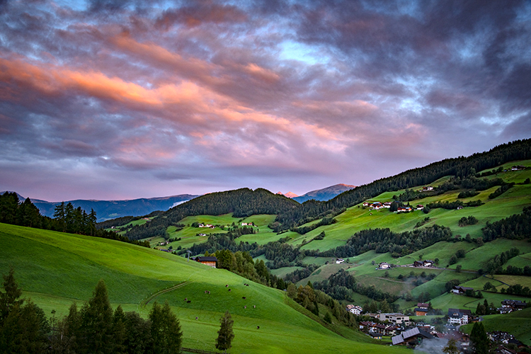 italy, europe, dolomites, dolomite, mountains, santa magdalena, val de funes, val de funis, sunrise, valleys, alps, alpine, fall...