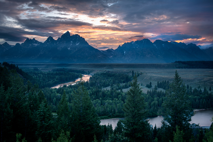 mountains, landscape, tetons, grand teton national park, snake river, sunset, snake, river, water, trees