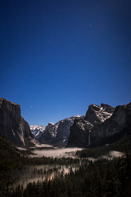 yosemite, ca, california, tunnel view, sierra, mountains, stars, bridalveil falls, bridalveil, water, waterfall, fog, snow, twilight...